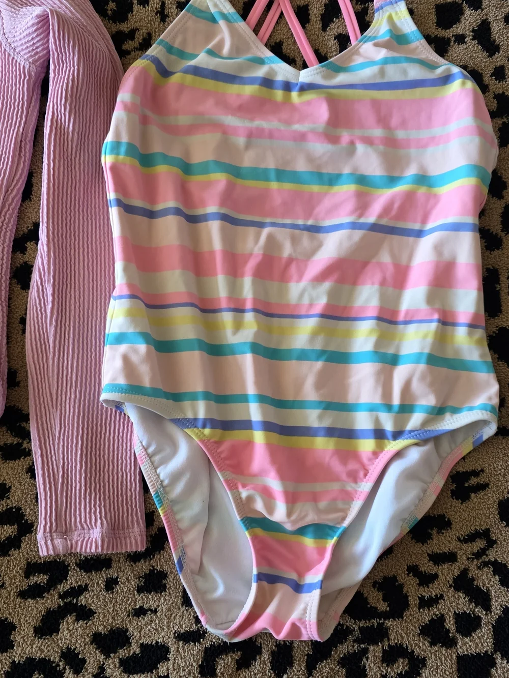 Kids Pink Rash Guard & Pastel Striped One-Piece Swimsuit Set